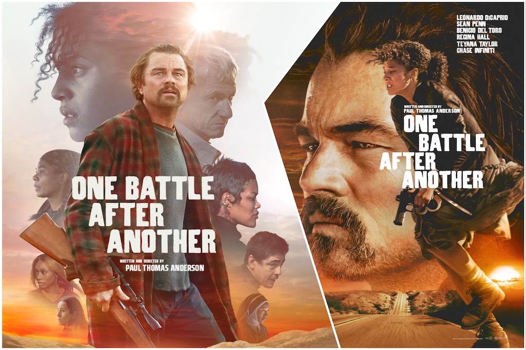 Two-panel poster for 'One Battle After Another.' Left side shows a man in a long flannel shirt holding a rifle in a desert landscape with multiple characters faded behind him; right side shows a close-up of his face with a smaller figure of a woman running across a desert road with a handgun, both under warm sunset tones.